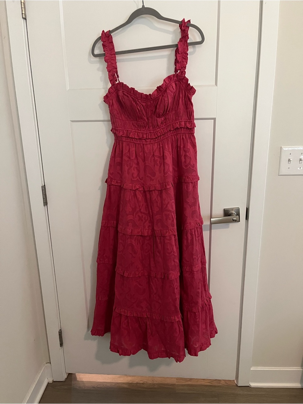 Anthropologie Ruffled Tiered Midi Dress in Deep Pink